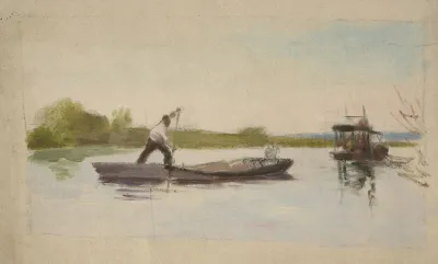 Homme Dirigeant Une Peniche Sur Un Fleuve