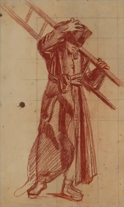 Homme En Costume Ecclesiastique Portant Une Echelle