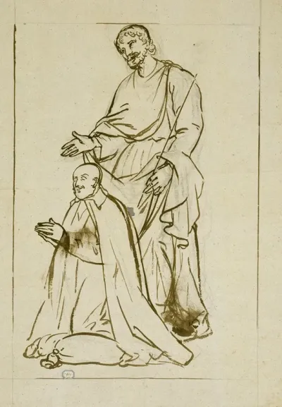 Homme En Priere Et Son Saint Protecteur