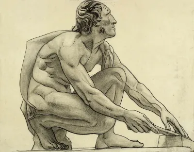Homme Nu Accroupi De Profil Vers La Droite