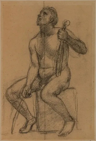 Homme Nu Assis Tenant Un Violon Et Un Archet