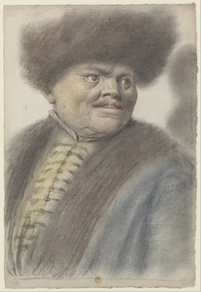 Homme Se Retournant Vers La Droite Coiffe Dun Bonnet De Fourrure Et Portant Un Manteau Bleu Borde De Fourrure Sur Une Veste A Brandebourgs De Couleur Jaune