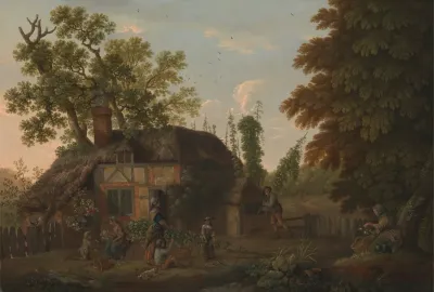 Hop Pickers Outside A Cottage