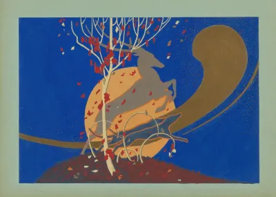 Horned Animal Dogs And Tree Against Sky With Moon And Comet