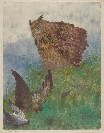 Horned Owl Over Two Dead Birds