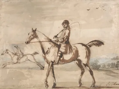 Horse And Rider Walking To Left In A Hilly Landscape