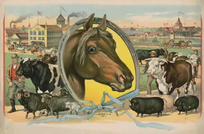 Horse Framed By A Horseshoe With Fair Buildings And A Racetrack In The Background