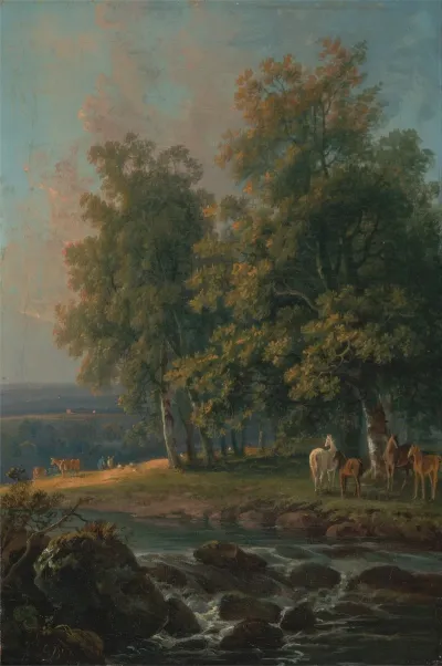 Horses And Cattle By A River