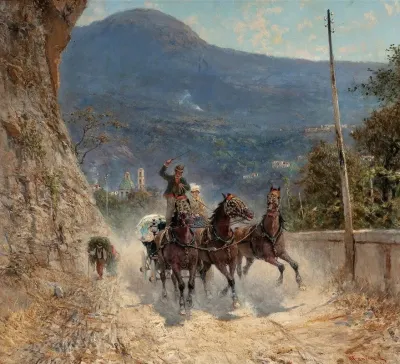 Horses And Travelers Ascending An Italian Mountain Road
