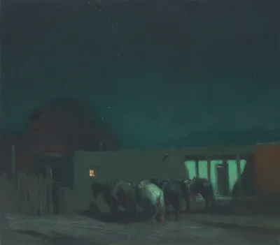 Horses By Adobe Building Moonlight