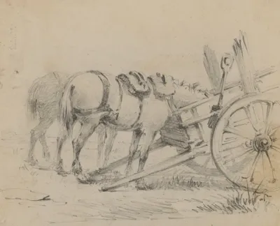 Horses Eating From Two Wheeled Cart