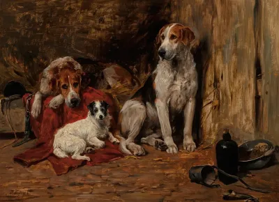 Hounds And A Jack Russell In A Stable