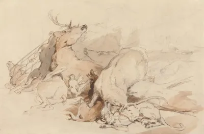 Hounds And Hunters Attacking Deer