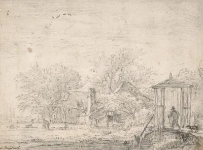 House Among Trees At Right Man And Dog On A Footbridge