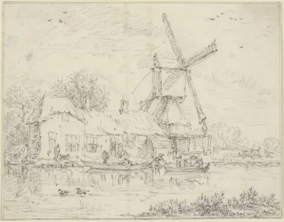 House And Windmill On The Bank Of A Canal