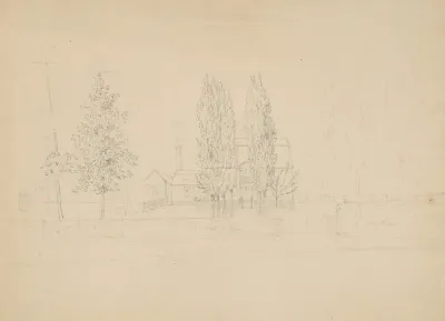 House With Tall Chimney And Gambrel Roof Obscured By Trees