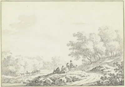 Hugelige Bewaldete Landschaft Im Vordergrund Neben Einem Weg Eine Gruppe Von Ruhenden Landleuten Mit Einem Reiter Und Einem Hund Im Mittelgrund Ein Bespannter Heuwagen
