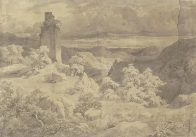 Hugelige Landschaft Mit Einer Turmruine