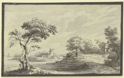 Hugelige Landschaft Mit Flus Baumen Und Hausern
