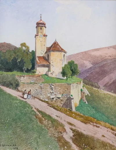Hugelige Sommerlandschaft Mit Kapelle Und Personenstaffage
