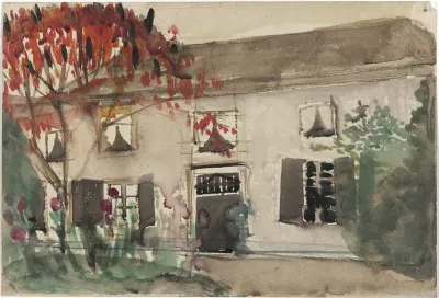 Huis Met Voortuin En Rode Boom