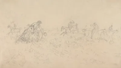 Hunt Followers And Hounds Moving To Right Through Undergrowth