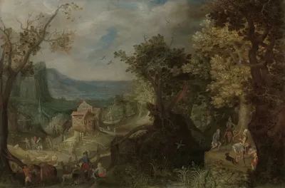 Hunter And Horsemen On A Wooded Road With A Village In A Valley Beyond