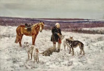 Hunter With A Slain Wolf In A Vast Winter Landscape