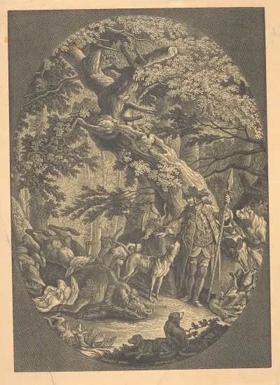 Hunter With His Dogs And Their Prey