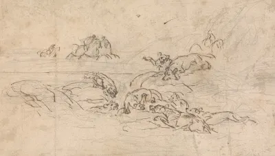 Hunters Approaching A Lion Being Held At Bay By Hounds