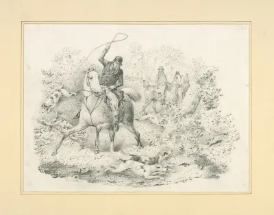 Hunters Riders One Brandishing A Whip And Hounds Chasing A Rabbit