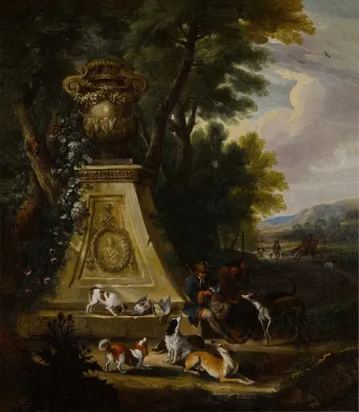 Hunting Scene In A Wooded Park Land With A Pair Of Hunters And Their Hounds Beside A Sculptural Plinth