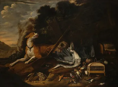 Hunting Scene With A Hound A Dead Heron Feathered Game A Birdcage And A Rifle