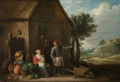 Husbandman At A Cottage Door With A Seated Woman And Child