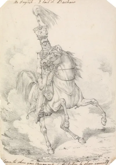 Hussar With High Plume In His Helmet Mounted On A Horse With High Held Swishing Tail