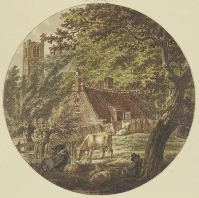 Hutte Im Walde Mit Einigem Vieh Links Ein Kirchturm