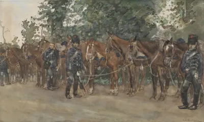Huzaren Staande Naast Hun Paarden Langs De Kant Van De Weg