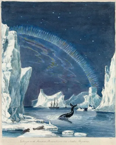 Icebergs And Aurora Borealis In The Arctic Regions