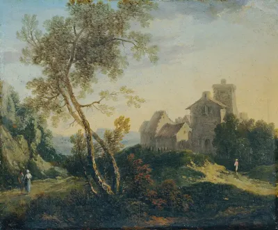 Ideale Landschaft Mit Baumen Und Befestigtem Dorf Der Abend