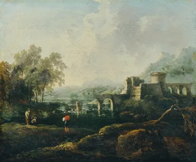 Ideale Landschaft Mit Fluss Und Bruckenruine Der Morgen