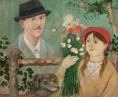 Idyll Beside A Fence Self Portrait Girl With Flowers And Dog
