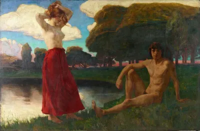 Idyll Mannlicher Und Weiblicher Halbakt In Der Landschaft
