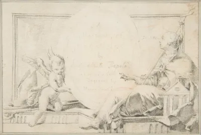 Illustration For A Book Frontispiece With A Female Allegorical Figure And A Putto