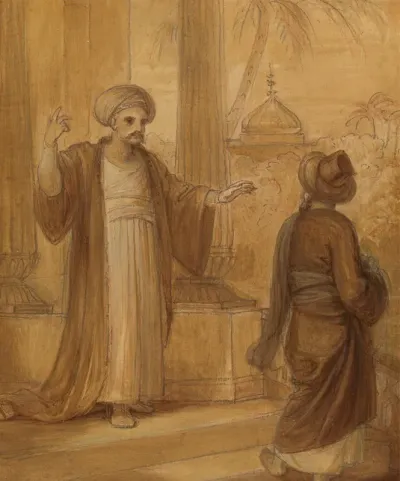 Illustration For An Eastern Romance Possibly The Arabian Nights With Two Male Figures Standing