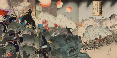 Illustration Of The Sino Japanese War Our Army And Navy Attacking Liugong Island With Great Force