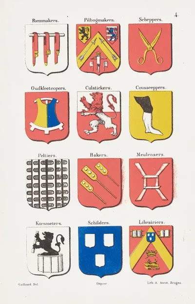 Illustration Page From De Ambachten En Neringen Van Brugge By Gailliard The Coats Of Arms Of The Guilds Plate 4