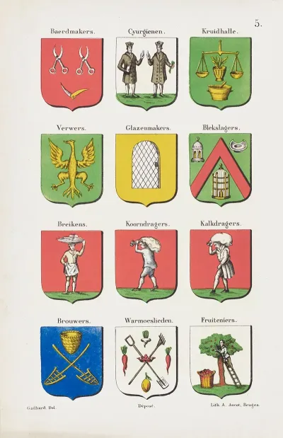 Illustration Page From De Ambachten En Neringen Van Brugge By Gailliard The Coats Of Arms Of The Guilds Plate 5