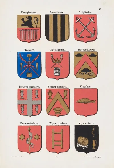 Illustration Page From De Ambachten En Neringen Van Brugge By Gailliard The Coats Of Arms Of The Guilds Plate 6