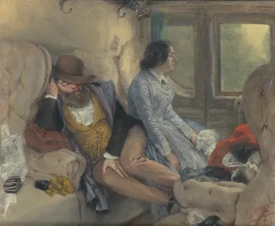Im Eisenbahncoupe Nach Durchfahrener Nacht In A Railway Carriage After A Nights Journey