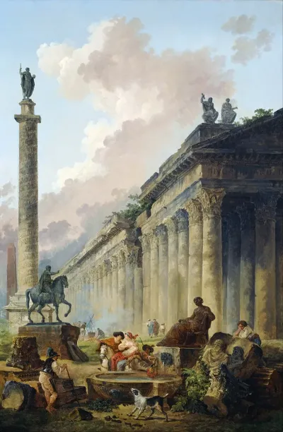 Imaginary View Of Rome With Equestrian Statue Of Marcus Aurelius The Column Of Trajan And A Temple